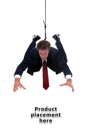 Businessman hanging by a rope, place an image of your product underneath him.の写真素材