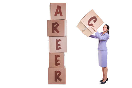 Building a new career concept image, a businesswoman stacking boxes with the letters that spell out CAREER, isolated on a white background.の写真素材