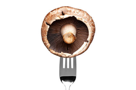 Photo of a portobello mushroom on a fork isolated on a white background, part of a series.の写真素材