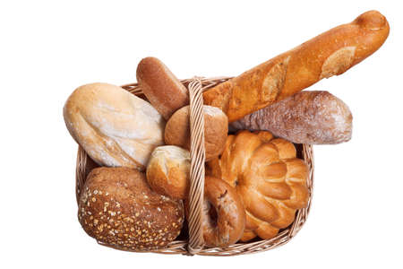 Photo of various types of bread in a wicker bascket isolated on a white background.の写真素材