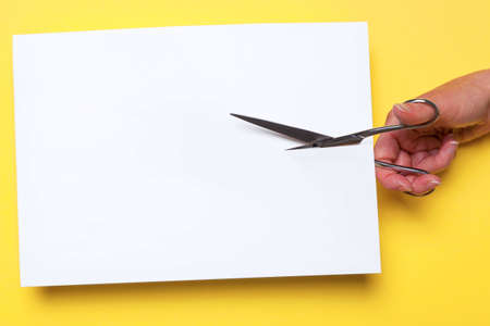 hand cutting through a blank piece of white paper with chrome scissors on a yellow background, add your own image or text.の写真素材