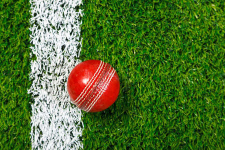 a cricket ball on a grass next to the white line, shot from above.の写真素材