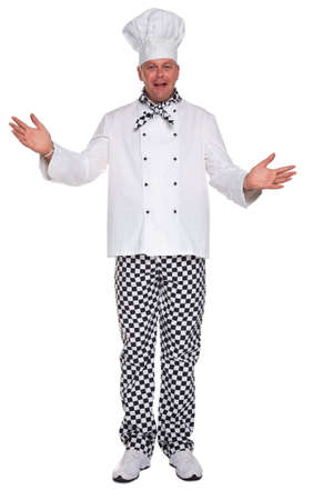 Photo of a happy chef in white uniform with his arms open in a welcoming gesture isolated on a white background.の写真素材