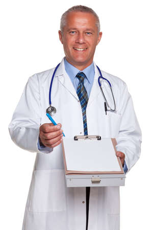 Photo of a mature adult male doctor, smiling to camera and holding a blank medical report form for you to add your own image of message, isolated on a white background.の写真素材