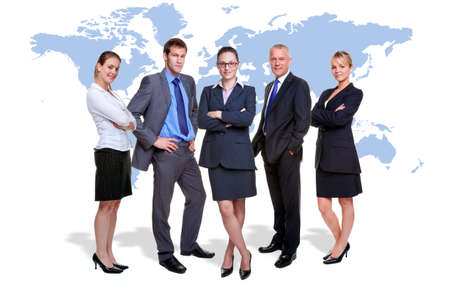 five corporate people on white with a map of the world behind them, good for worldwide and global business themes.の写真素材