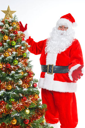 Santa Claus and a Christmas tree isolated on a white background.の写真素材