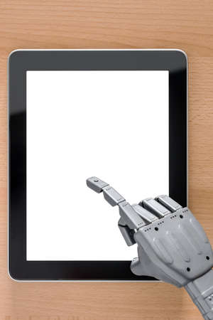 Robot hand using a touchscreen tablet computer, clipping path provided for the blank screen, add your own message or image.の写真素材