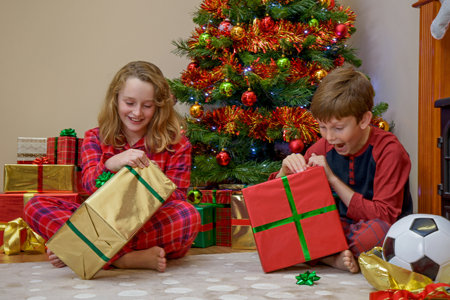 Two children, a boy and a girl, opening their presents on Christmas morning.の写真素材