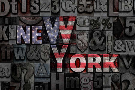 The words New York made from old metal letterpress letters with the colours of the American flagの写真素材
