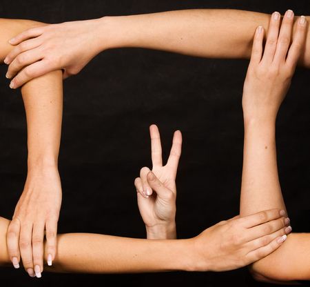 frame from hands with victory gestureの写真素材