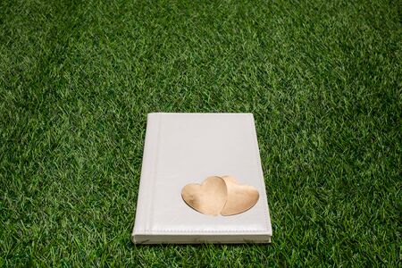 White book with gold hearts lying on the grassの写真素材
