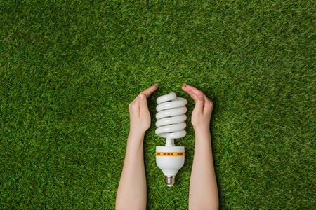 Hands with energy saving eco lamp over green grassの写真素材