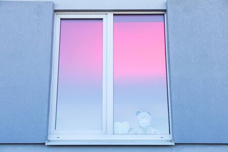 Children and teddy wearing protective masks loking through the window