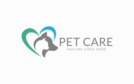 Pet Care Logo Design. Cat And Dog with Heart Shape for Pet Community, Foundation, Medical Pet Care. Flat Vector Logo Design. Graphic Design Element.のイラスト素材