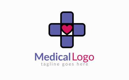 Medical Healthcare Logo Design. Medical Cross Line Symbol Shape Combine with Love Symbol Inside. Flat Vector Logo Design Graphic Template. Graphic Design Element.のイラスト素材