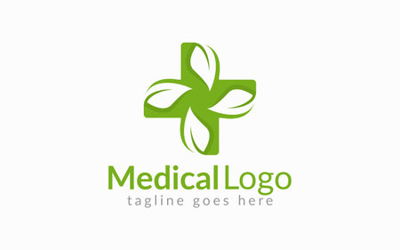 Medical Healthcare Logo Design. Medical Cross Line Symbol Shape Build From Abstract Green Leaf Shape. Flat Vector Logo Design Graphic Template. Graphic Design Element.のイラスト素材