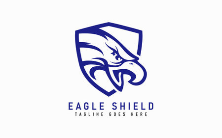 Eagle Logo Design. Modern Blue Eagle Head In a Shield, Isolated on White Background. Flat Vector Logo Design Graphic Template. Graphic Design Element.のイラスト素材