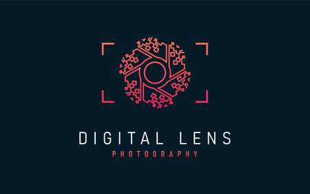 Digital Lens Photography Logo Design. Abstract Lens with Digital Pixel Concept Symbol Design. Usable For Business, Community, Industrial, Photography, Tech, Services Company. Vector Logo Design Illustration. Graphic Design Element.のイラスト素材