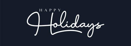 Happy Holidays Handwriting Lettering Calligraphy with White Text Color, isolated on black background. Greeting Card Vector Illustration Template. Graphic Design Element.のイラスト素材