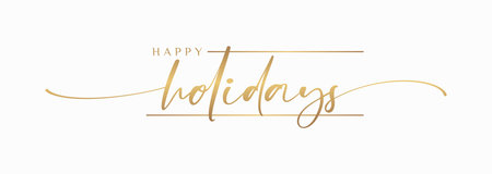 Happy Holidays Handwriting Lettering Calligraphy with Gold Color, isolated on white background. Greeting Card Vector Illustration Template. Graphic Design Element.のイラスト素材