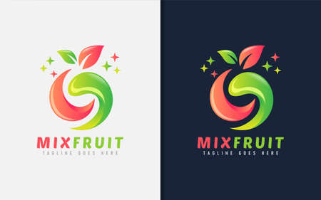 Mix Fruit Logo Design. Abstract Orange and Green Fruit and Leaf Combination. Vector Logo Design Illustration. Graphic Design Element.のイラスト素材