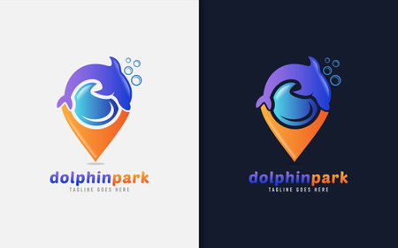 Dolphin Park Logo Design. Dolphin Combine with Location Symbol Logo Design. Vector Logo Illustration. Graphic Design Element.のイラスト素材