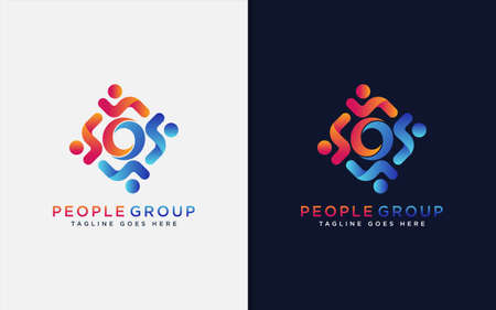 Creative People Group Logo Design. Colorful Orange and Blue People Group and Circle Concept. Usable For Brand Business, Tech and Company. Vector Logo Illustration. Graphic Design Element.のイラスト素材