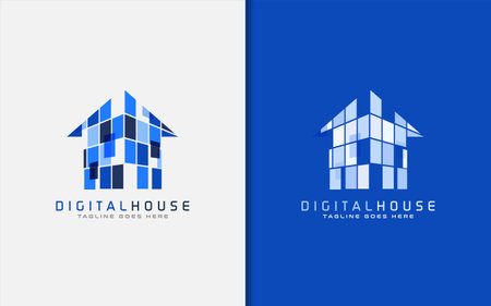 Creative Digital Blue House Logo Design. Usable for Business Brand, Tech and Company. Vector Logo Illustration. Graphic Design Element.のイラスト素材