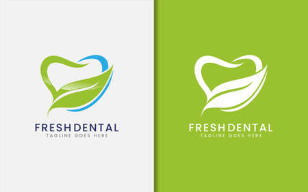 Fresh Dental Logo Design. Abstract Teeth Combined with Green Fresh Leaf Logo Concept. Medical Care Logo Design. Vector Logo Illustration. Graphic Design Element.のイラスト素材