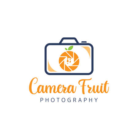 Abstract Camera with a Lens that is Shape Like a Fruit Logo Design. Photography Logo Illustration. Graphic Design Element.のイラスト素材