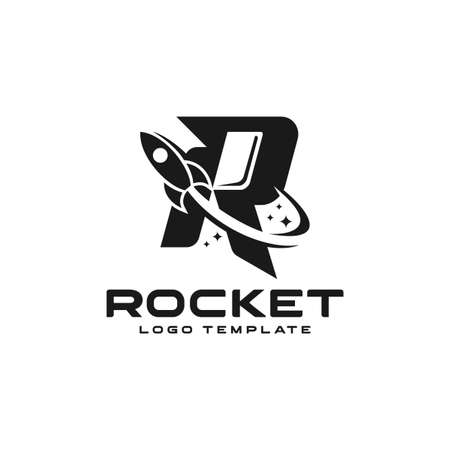 Abstract Initial Letter R Logo Combined with Flying Rocket Silhouette Logo Design. Graphic Design Element.のイラスト素材