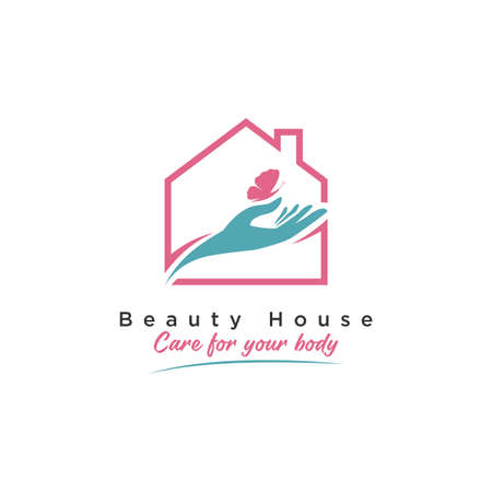 Beauty House Logo Design. Abstract House Combined with Handy Care and Beauty Minimalist Butterfly Silhouette. Graphic Design Element.のイラスト素材