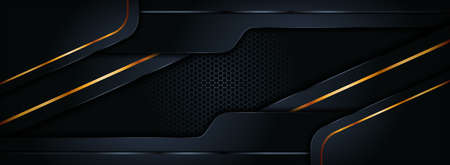 Modern Background with Dark Navy Color and Golden Lines Combination. Abstract Tech Futuristic Background Design. Graphic Design Element.のイラスト素材