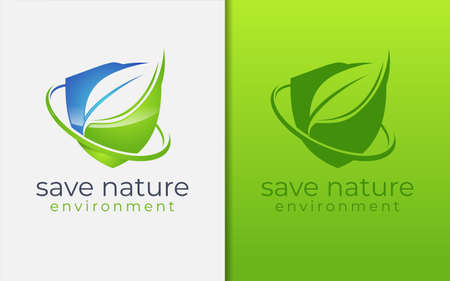 Save Nature Environment with Leaf Concept Combined with Modern Shield Logo Design. Graphic Design Element.のイラスト素材