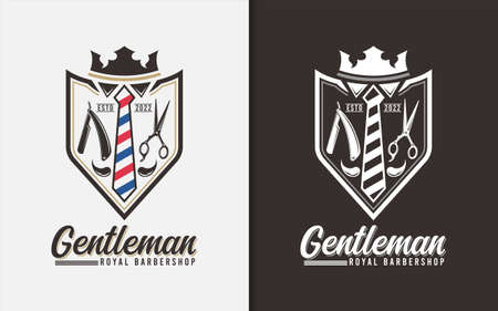Gentleman Royal Barbershop  Design with Tie, Crown Emblem and Barbers Tools Combination Concept.のイラスト素材