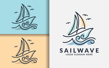 Sail Wave Logo Design. Creative Sailboat on Ocean Wave with Minimalist Lines Art Style Concept.のイラスト素材