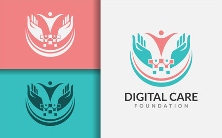 Digital Care Logo Design. Abstract Humanity Hand Care and People Combined with Digital Element Concept.のイラスト素材