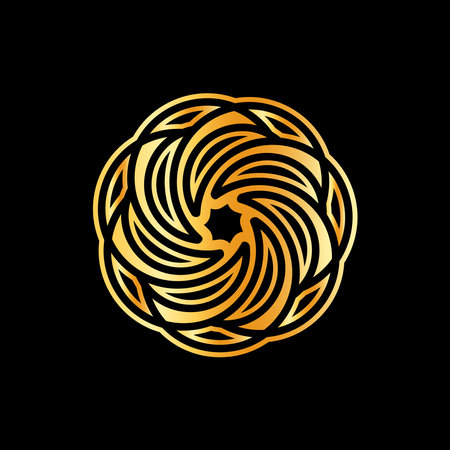 Abstract Circular Geometric Symbol Design with Modern Style and Shinny Golden Color. Isolated on Black Background.のイラスト素材
