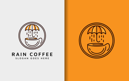 Rain Coffee Logo Design. Abstract Minimalist Logo with Coffee Cup and Rain Umbrella inside a Circle Design Concept.のイラスト素材