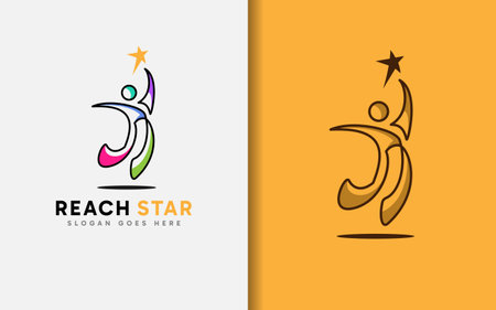 Reach Star Logo Design. Fun Colorful People Shape Who Wants to Reach The Stars in The Sky Concept.のイラスト素材