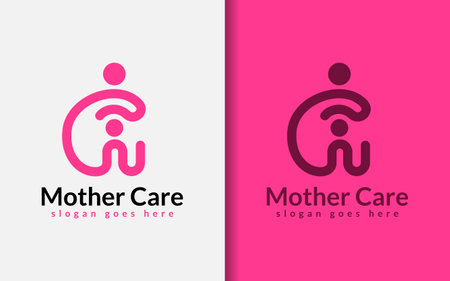 Mother Care Logo Design. Abstract Minimalist Mother who is with her Child Design Concept. Vector Logo Illustration.のイラスト素材
