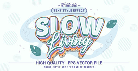 Editable text effect vector âSlow Livingâ, featuring calm, soft, minimalist lettering that reflects relaxation, balance, mindfulness, and a peaceful lifestyle vibe.のイラスト素材