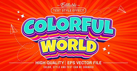Editable text effect vector âColorful Worldâ, featuring vibrant, playful, bold lettering with lively colors that evoke joy, creativity, and a fun imaginative atmosphere.のイラスト素材