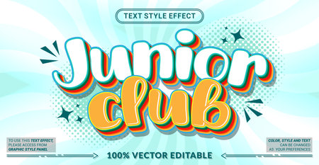 Editable text effect vector âJunior Clubâ features cute cartoon lettering with playful shapes and bright colors, perfect for kids clubs, children events, schools, and fun promotions.のイラスト素材