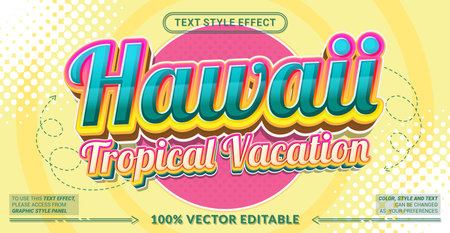 Editable text effect vector âHawaii Tropical Vacationâ features bold vibrant lettering with tropical vibes, perfect for summer travel, beach holidays, and island promotions.のイラスト素材