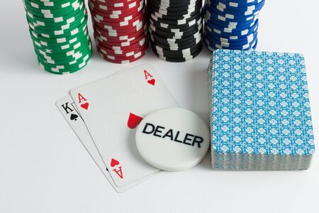Casino cards chips and dealer over whiteの写真素材