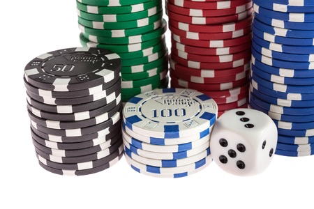 Casino chips, dice and dealer isolated over white backgroundの写真素材