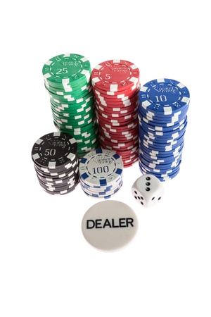 Casino chips, dice and dealer isolated over white backgroundの写真素材