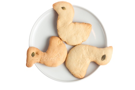 Bird shape homemade biscuit cookies on a white plate isolated made by a childの写真素材