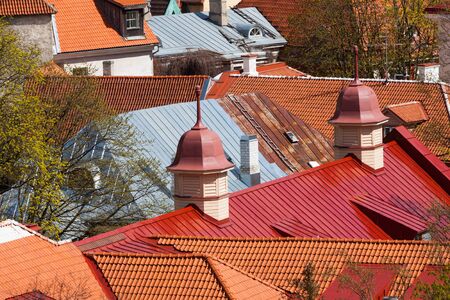 View on Tallinn beautiful red tile roofs, Estoniaの写真素材